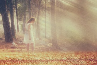 genç kadın ormanda ayakta gerçeküstü fotoğrafı. Görüntüyü dokulu ve tonda