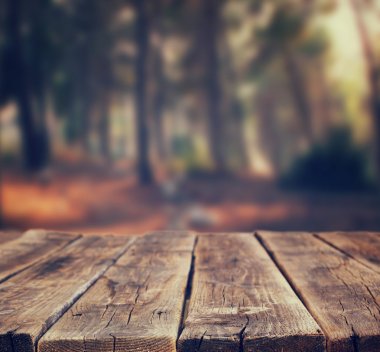 Image of front rustic wood boards and background of trees in forest. image is retro toned clipart