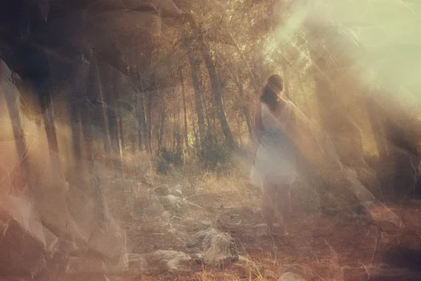 젊은 여자의 초현실적인 배경을 흐리게 숲에서 서 있다. 추상적이 고 꿈결 같은 개념입니다. 이미지 질감 및 레트로 톤 — 스톡 사진