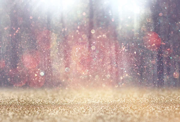 Blurred abstract photo of light burst among trees and glitter bokeh lights. filtered image and textured. — Stock Photo, Image