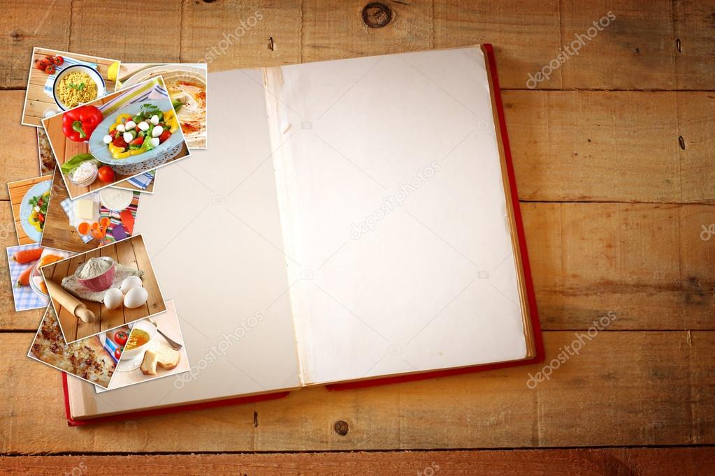 Open recipe book with blank pages and collage of photos with various food dishes