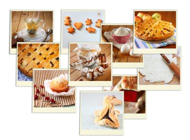 Çerezler, taze ekmek, elmalı pasta ve kek ile Homemade pişirme kolaj.