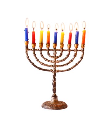 Jewish holiday Hanukkah background with menorah Burning candles isolated on white clipart