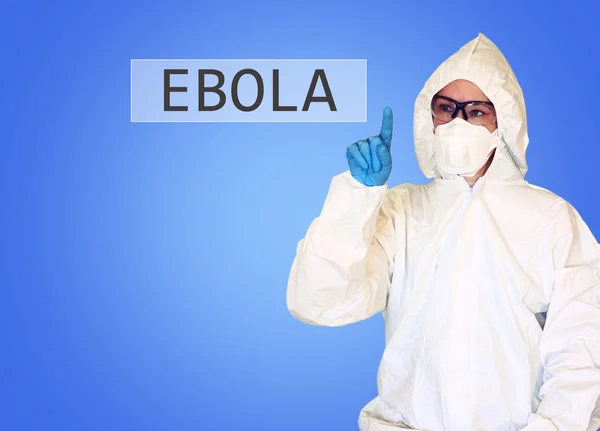 在安全套装绘图词埃博拉病毒实验室科学家 — 图库照片