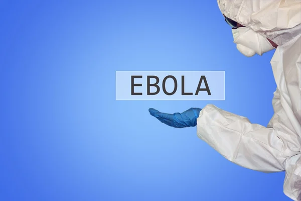 Lab scientist in safety suit with word ebola — Stock Photo, Image