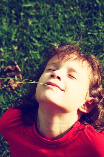 Kleines hübsches Mädchen, das auf dem Rasen im Park spielt. gefiltertes Bild — Stockfoto