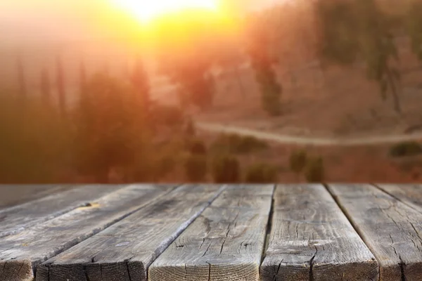 Tavole di legno rustiche di fronte al paesaggio forestale al tramonto — Foto Stock
