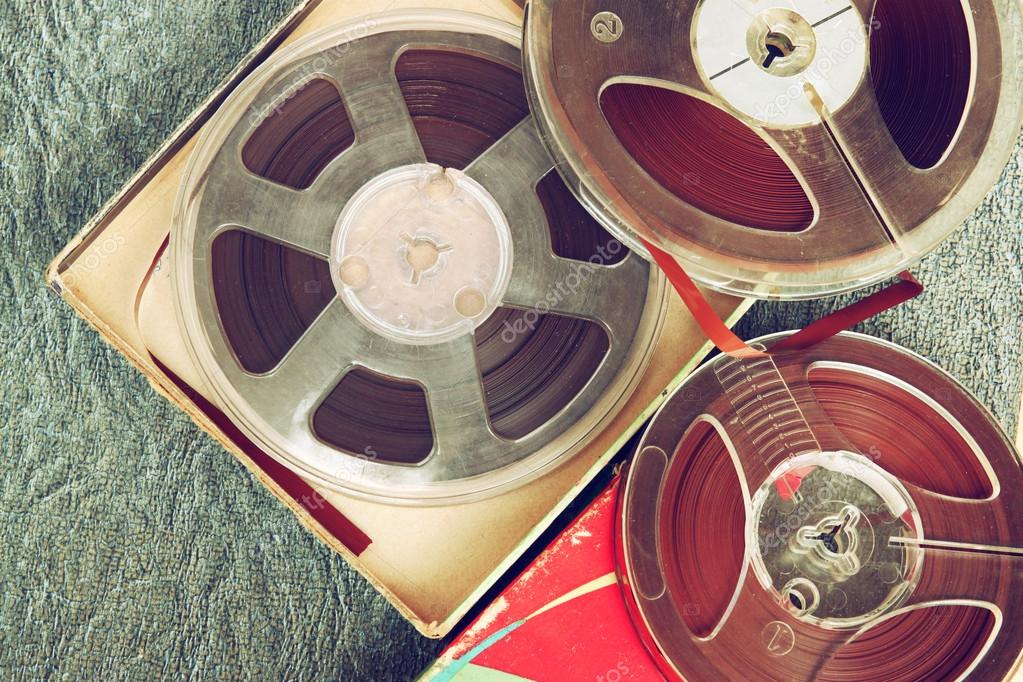 Top view of old sound recording tape, reel to reel type and box