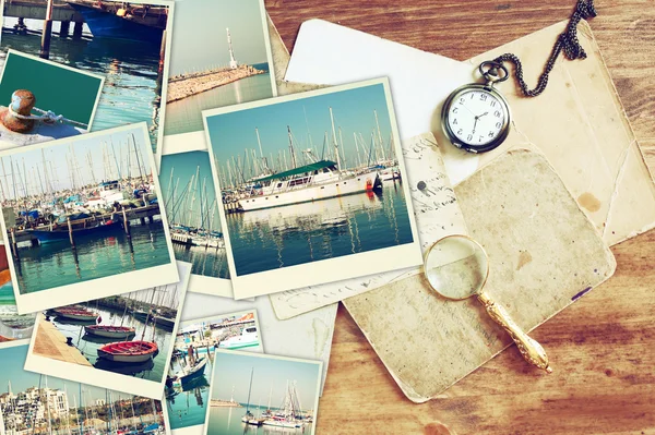 Collage with yachts, boats, lighthouse and a coast. Nautical concept — Stock Photo, Image