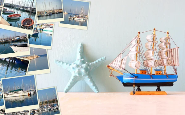 Collage avec des yachts, bateaux, phare et une côte. Concept nautique — Photo
