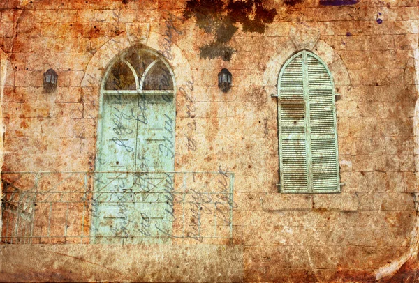 Old house's wall from jerusalem stone with old blue balcony. filtered image with texture overlay — Stock Photo, Image