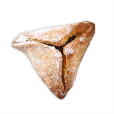 Hamantaschen kurabiyeleri ya da Purim kutlamaları için haman kulakları (Yahudi bayramı). beyaz üzerine izole