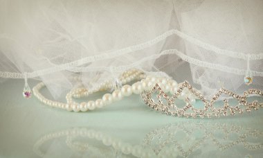 Wedding vintage crown of bride, pearls and veil. wedding concept clipart