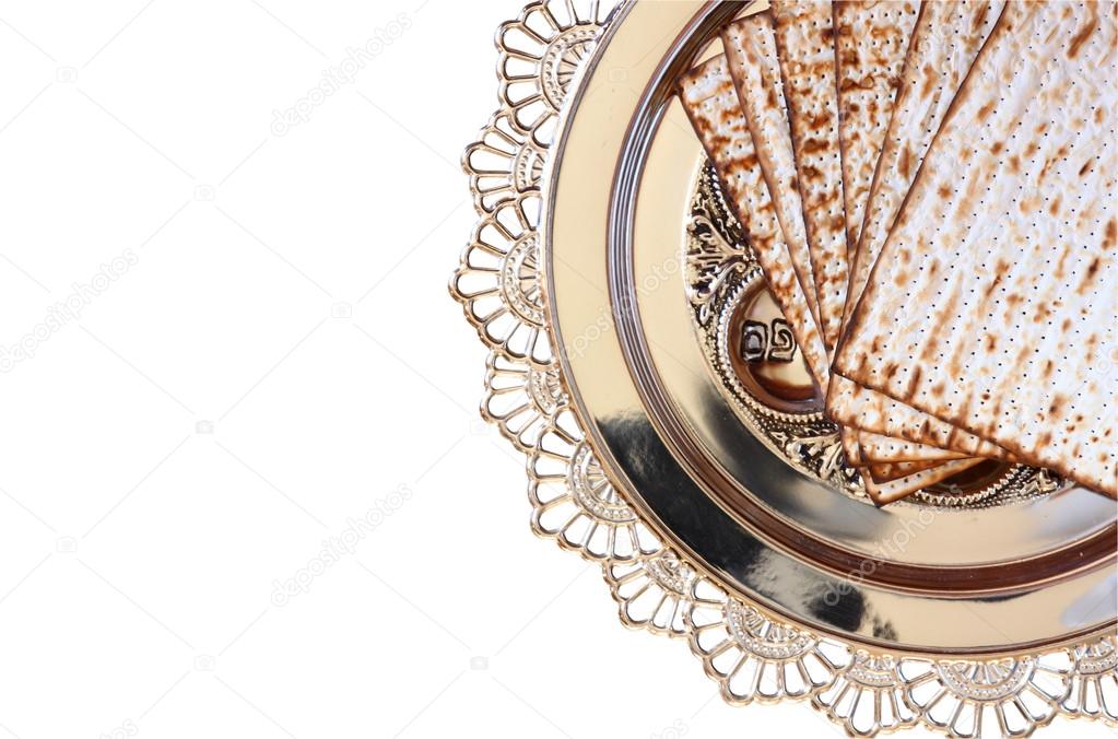 Top view of passover background. matzoh (jewish passover bread) and traditional sedder plate. isolated on white