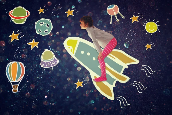 Photo of cute kid imagine spachip flight. image withe set of infographics over glittery background — Stock Photo, Image