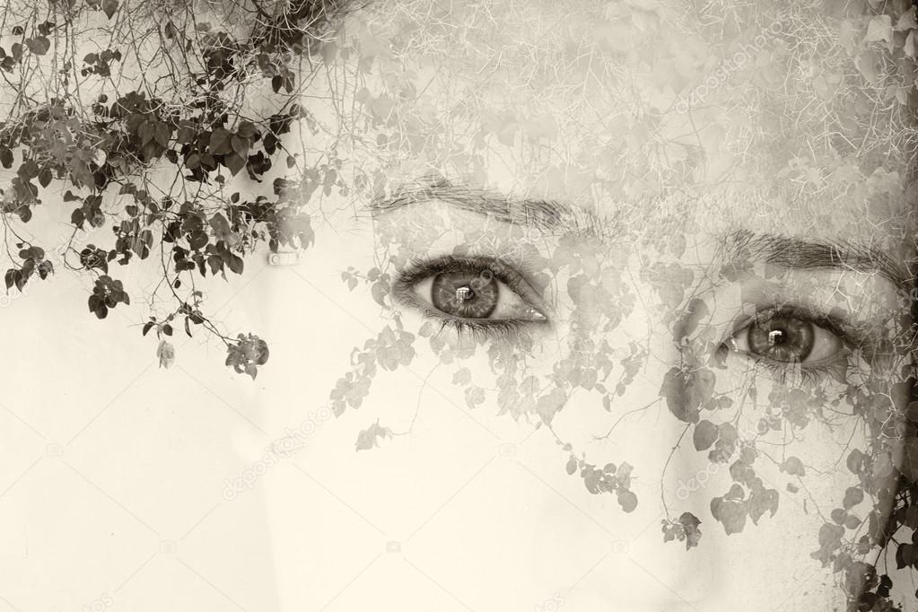 Double exposure image of young girl and nature background. black and white style photo