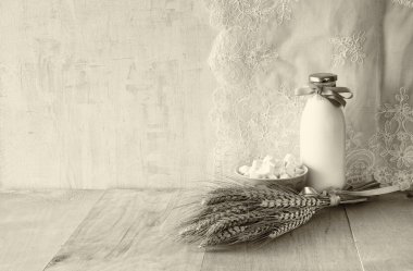 Yunan peynir, Bulgar peynir ve süt ahşap masa ahşap dokulu arka plan üzerinde. siyah beyaz fotoğraf. Sembolleri Yahudi tatil - Shavuot