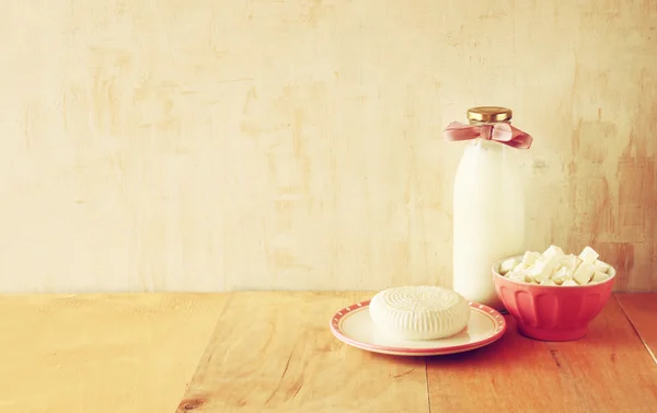Queso griego, queso bulgaro y leche sobre mesa de madera sobre fondo rústico. Símbolos de la fiesta judía - Shavuot — Foto de Stock