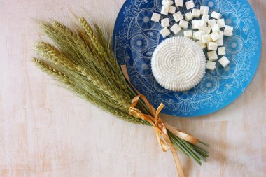 Ahşap masa ahşap dokulu arka plan üzerinde üzerinde üstten görünüm Yunan peynir ve Bulgar peynir. Sembolleri Yahudi tatil - Shavuot