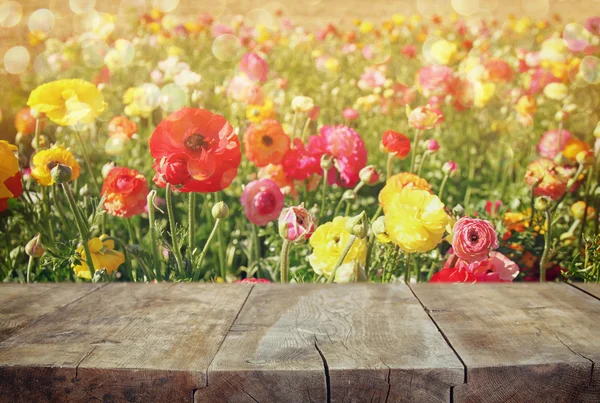 Wood board table in front of summer landscape with double exposure of flower field bloom — Stock Photo, Image