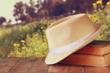 Fedora şapka ve ahşap masa ve çiçek doğa ülke yan arka plan üzerinde kitap yığını. gevşeme ya da tatil kavramı