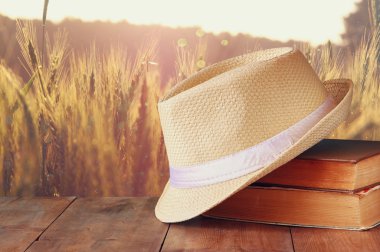 Fedora şapka ve ahşap masa üzerinde kitap yığını ve buğday ülke yan arka plan alanını. gevşeme ya da tatil kavramı