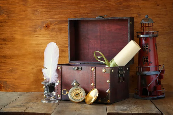 Antique compass, inlwell and old wooden chest  on wooden table — Stock Photo, Image