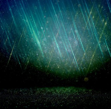 Glitter vintage ışıklar arka plan. Altın, gümüş, mavi ve siyah. de-odaklı.