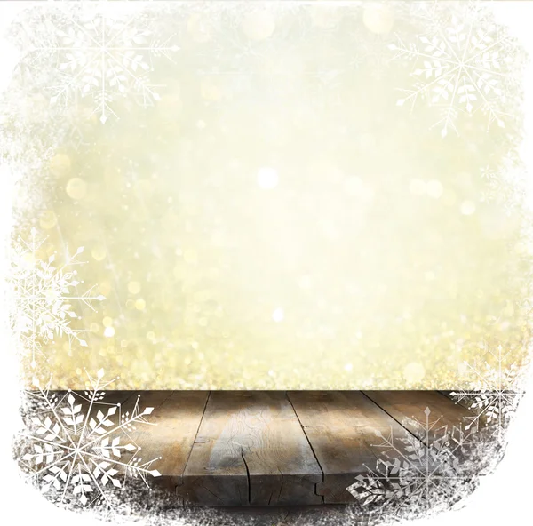 Wood table with snowflake frame — Stock Photo, Image