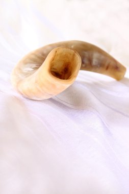 shofar (horn) on white prayer talit. rosh hashanah (jewish holiday) concept . traditional holiday symbol.
