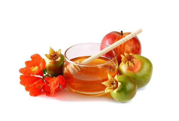 Rosh hashanah (jewesh holiday) Konzept - Honig, Apfel und Granatapfel isoliert auf weiß. traditionelle Feiertagssymbole. — Stockfoto