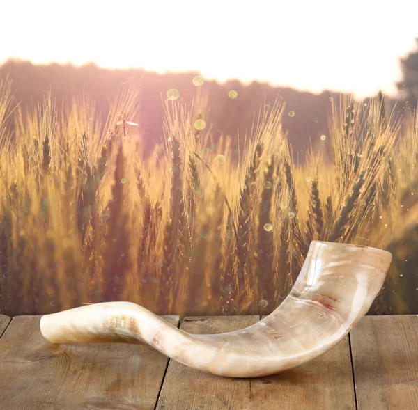 Shofar (horn) on wooden table. rosh hashanah (jewish holiday) concept . traditional holiday symbol. — Stock fotografie