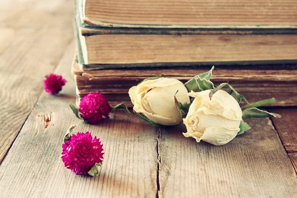 Сухие розы и старые книги — стоковое фото