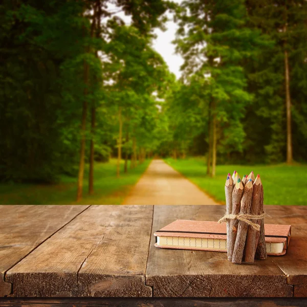 Abstraktes Bild eines Notizbuchs und eines Stapels hölzerner Buntstifte auf einem Holztisch vor dem Waldblick — Stockfoto