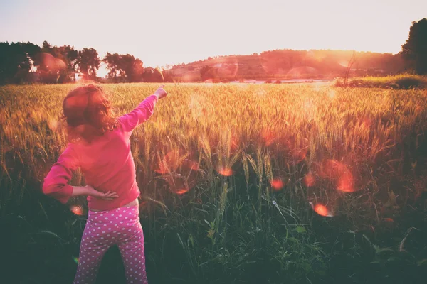 Cute kid (girl) standing in field at sunset with hands stretched looking at the landscape. instagram style image with bokeh lights. freedom and happiness  concept. — Stock Photo, Image