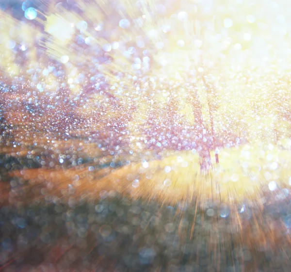 Abstract photo of light burst among trees and glitter bokeh lights. image is blurred and filtered. — Stock Photo, Image