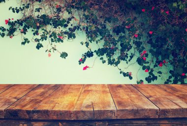 vintage wooden board table in front of climbing plant against the wall.