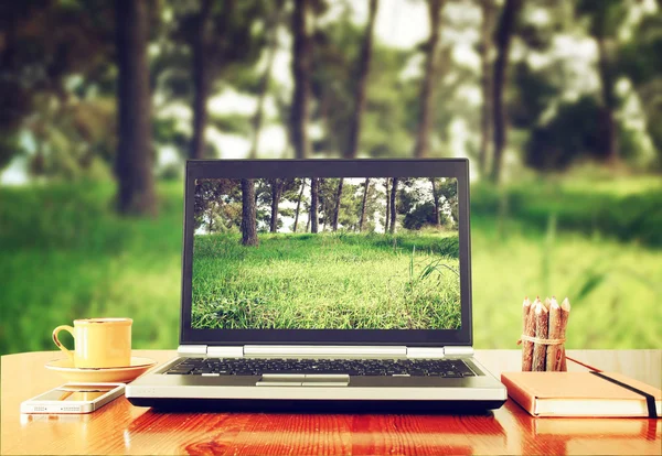 Laptop sobre mesa de madeira ao ar livre — Fotografia de Stock