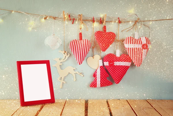 Fabric red hearts and frame — 스톡 사진