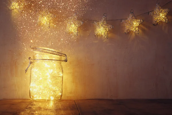Fairy lights in mason jar — Stock Photo, Image