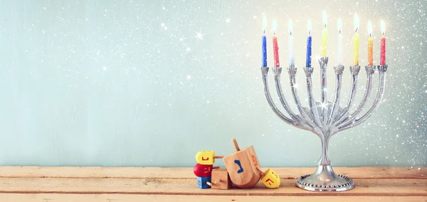 Website banner image of of jewish holiday Hanukkah with menorah (traditional Candelabra). retro filtered. glitter overlay. — Φωτογραφία Αρχείου