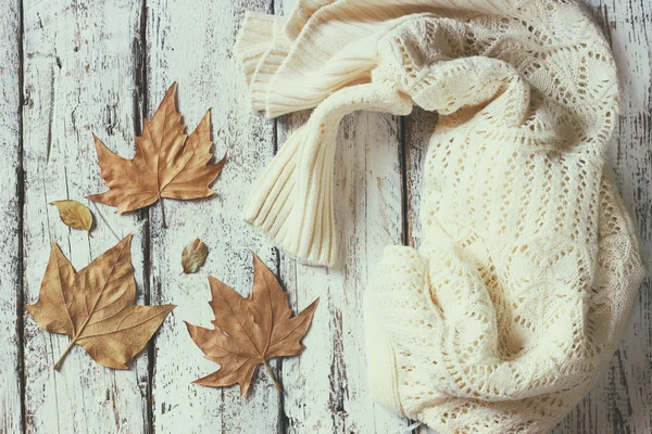 Strickpullover mit trockenen Blättern — Stockfoto