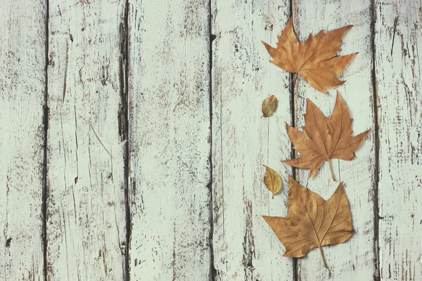 Autumn leaves over wooden table — Stock Photo, Image