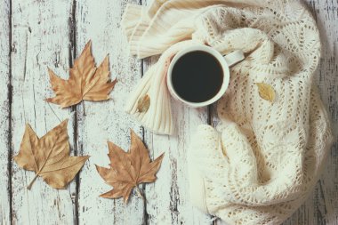 fincan kahve ve sonbahar yaprakları için kazak