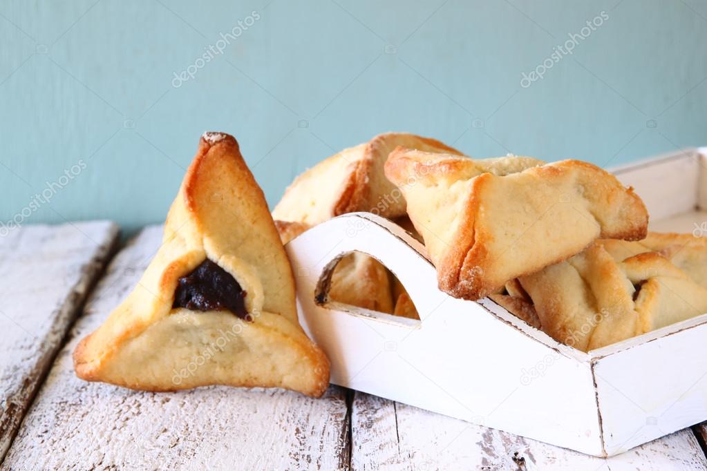 Hamantaschen cookies or hamans ears Purim celebration (jewish carnival holiday). selective focus