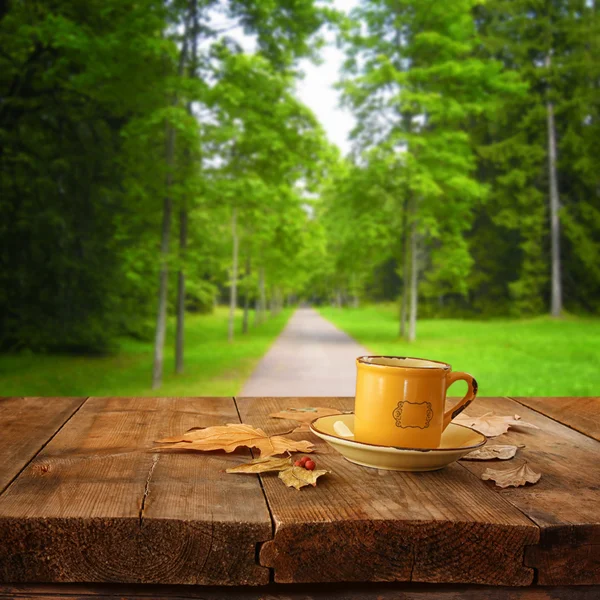 Imagen frontal de la taza de café sobre la mesa de madera frente al fondo del bosque — Foto de Stock