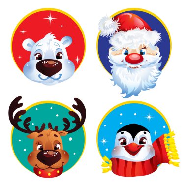 Noel karakterler - santa, Ren geyiği, penguin ve kutup ayısı.