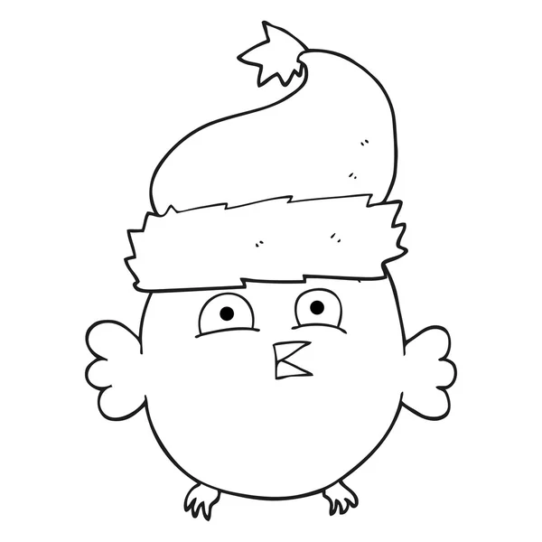 クリスマスの帽子を身に着けている黒と白の漫画フクロウ — ストックベクタ