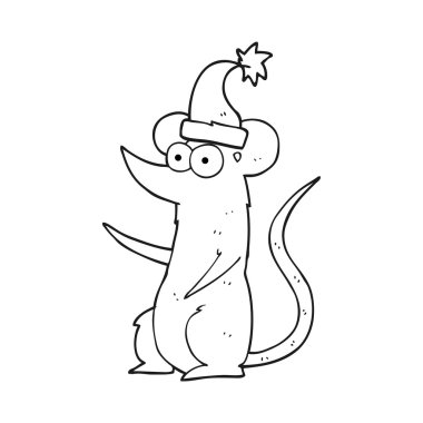 Noel şapka siyah beyaz çizgi film fare