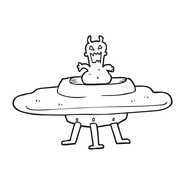 black and white cartoon alien in flying saucer